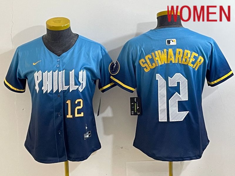 Women Philadelphia Phillies #12 Schwarber Blue City Edition Nike 2024 MLB Jersey style 3